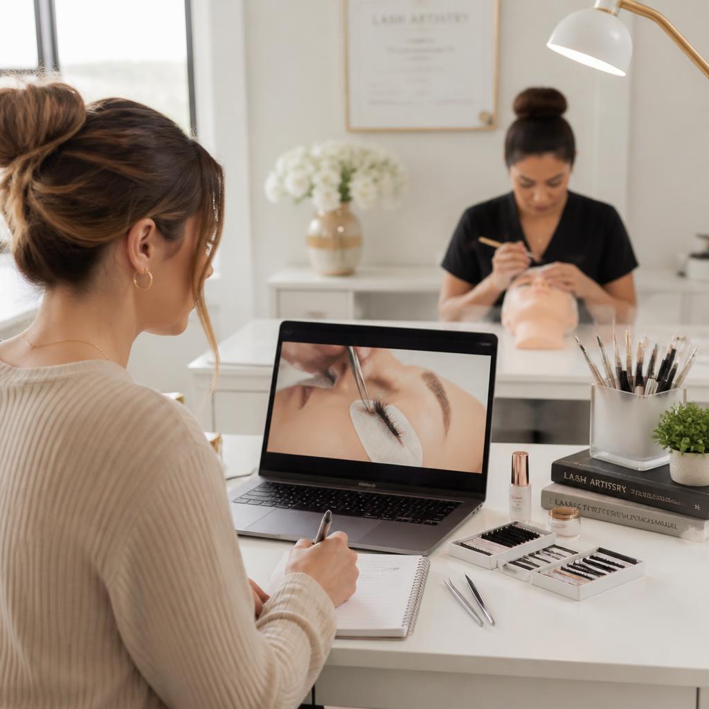 Lash student watching an online lash training video while a classmate practices lash extensions